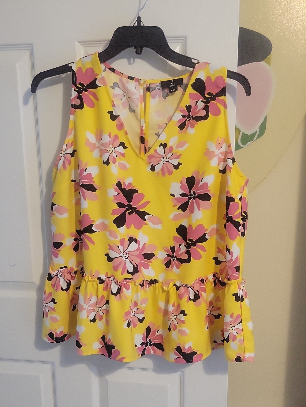 Jason Wu SzLg Yellow Floral V-Neck Peplum Rufgle Hemline sleeveless top